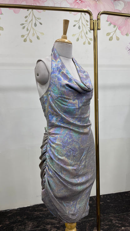 Holographic Ruched Halter Neck Dress with Open Back