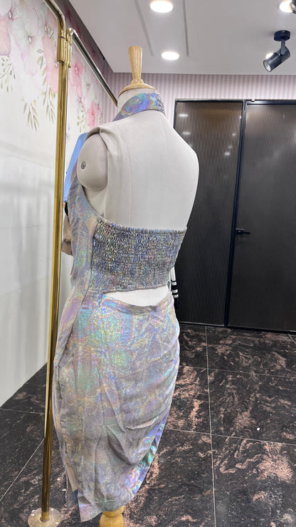 Holographic Ruched Halter Neck Dress with Open Back