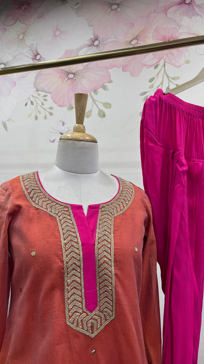 Full Suit With Dupatta And Patiala Salwar, Chanderi Kurta And Crepe Salwar With Machine Work
