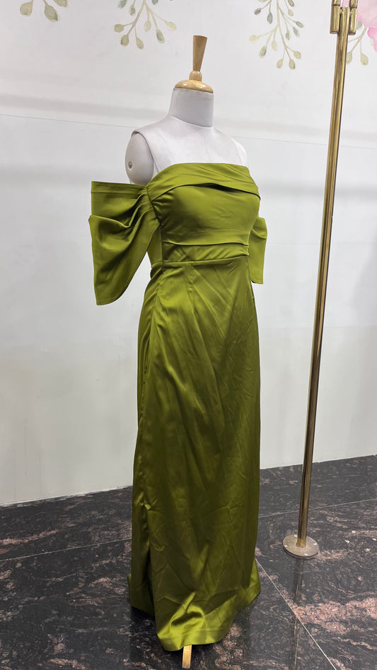 Off Shoulder Dress With Satin Elephant Sleeves - Green