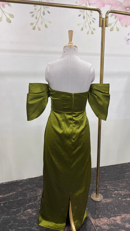 Off Shoulder Dress With Satin Elephant Sleeves - Green