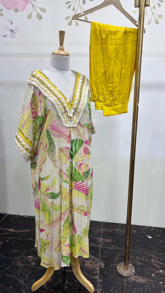 Jute Cotton Side Fabric With Mirror Handwork Detailing On Neck And Sleeves With Plain Cotton Afghani
