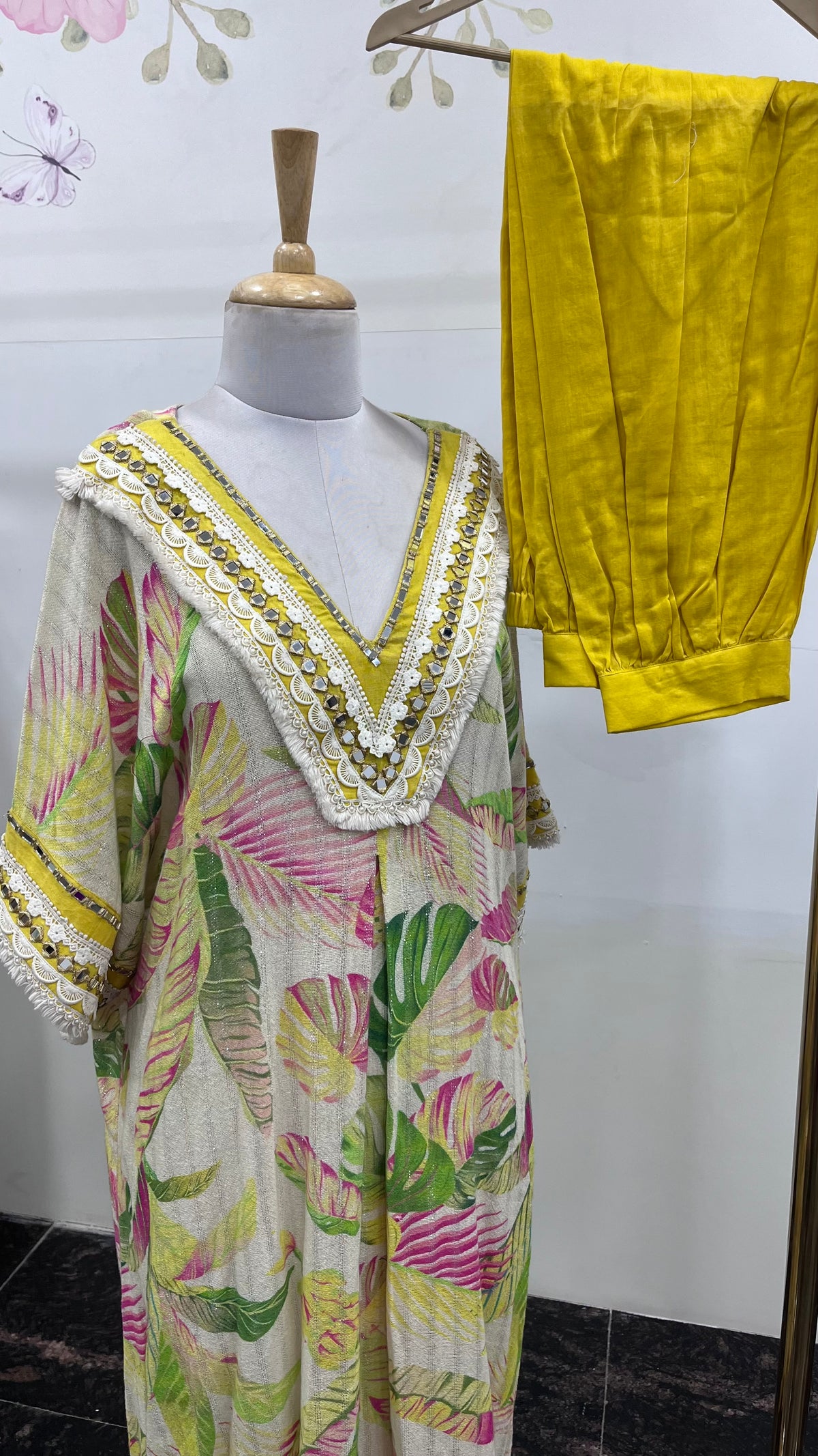 Jute Cotton Side Fabric With Mirror Handwork Detailing On Neck And Sleeves With Plain Cotton Afghani