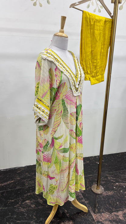 Jute Cotton Side Fabric With Mirror Handwork Detailing On Neck And Sleeves With Plain Cotton Afghani