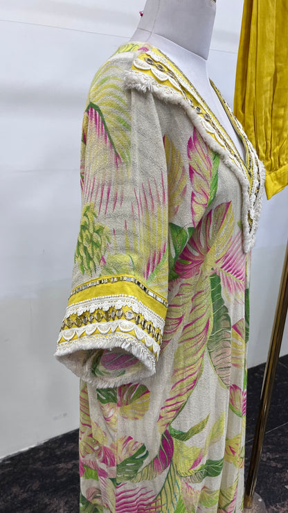 Jute Cotton Side Fabric With Mirror Handwork Detailing On Neck And Sleeves With Plain Cotton Afghani