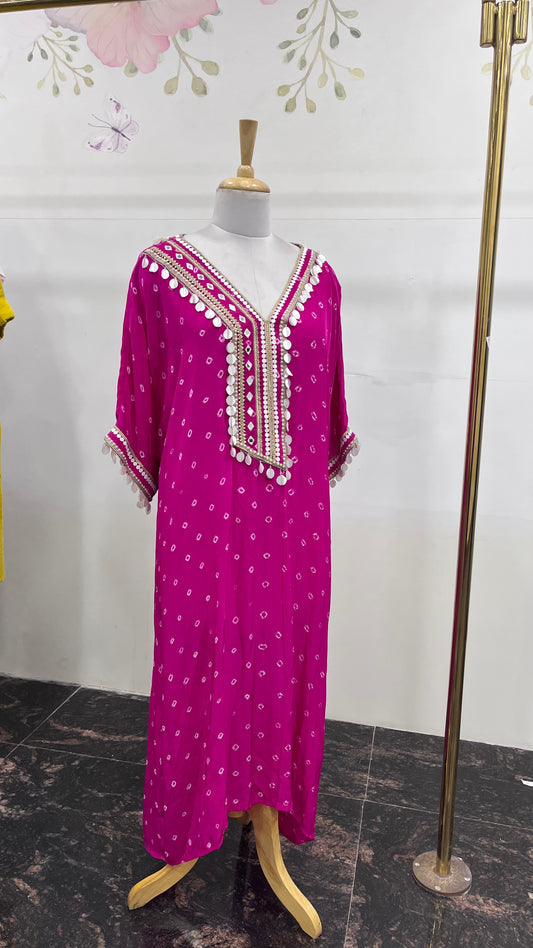 Pink Bandhani Pure Crepe V-Neck Kurta With Embroidery And Pearl Hanging