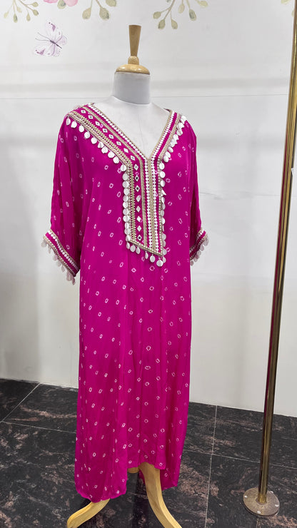 Pink Bandhani Pure Crepe V-Neck Kurta With Embroidery And Pearl Hanging
