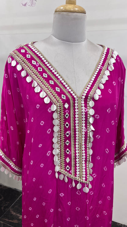 Pink Bandhani Pure Crepe V-Neck Kurta With Embroidery And Pearl Hanging