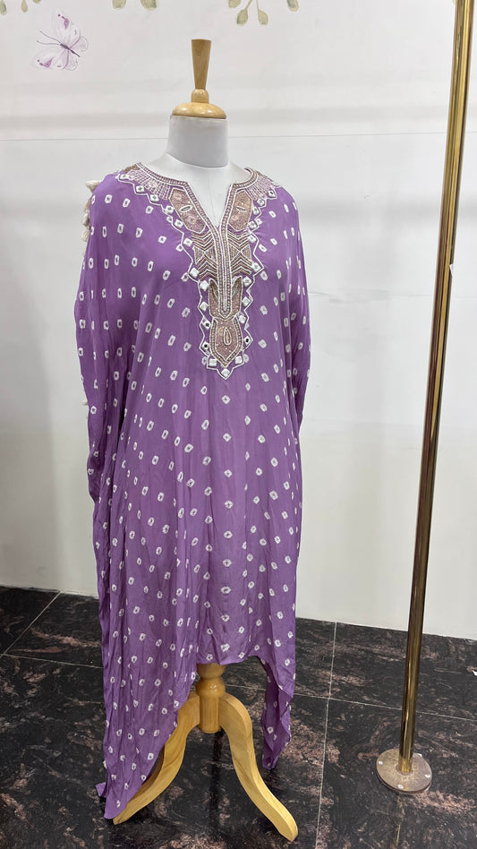 Purple Pure Crepe Bandhani Print Kaftan Dress With Mirror Work Detailing And Hanging Details