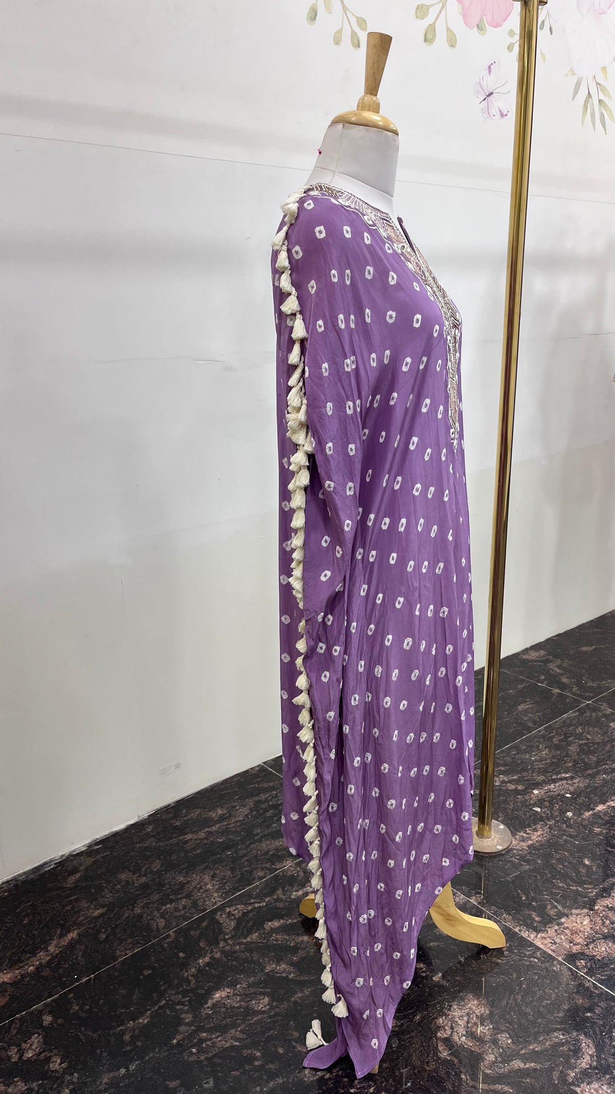 Purple Pure Crepe Bandhani Print Kaftan Dress With Mirror Work Detailing And Hanging Details