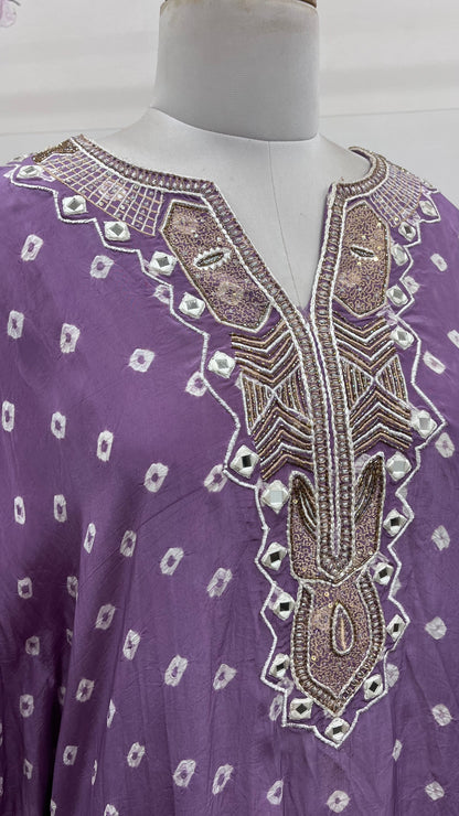 Purple Pure Crepe Bandhani Print Kaftan Dress With Mirror Work Detailing And Hanging Details
