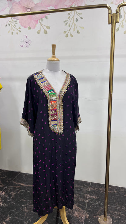 Black Pure Crepe Bandhani Print Kaftan With Handwork And Hanging Detailing