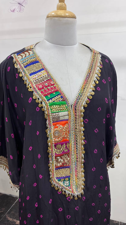 Black Pure Crepe Bandhani Print Kaftan With Handwork And Hanging Detailing