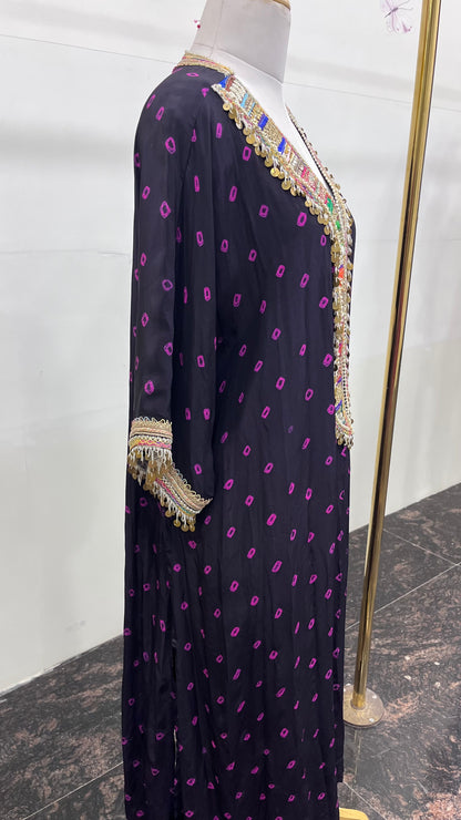 Black Pure Crepe Bandhani Print Kaftan With Handwork And Hanging Detailing