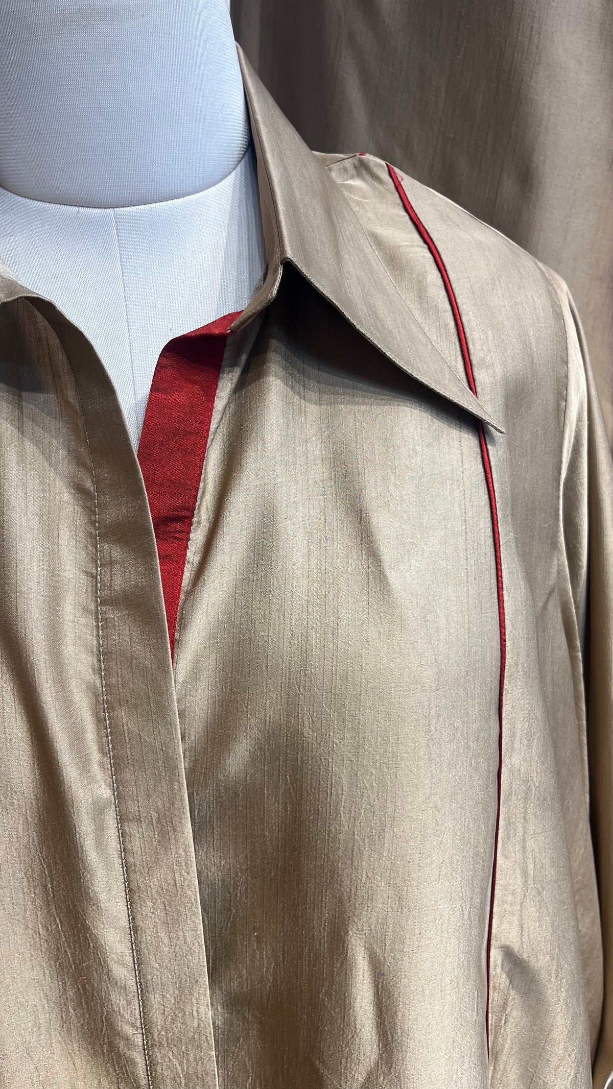 Gold co-ord set with full sleeves shirt and pants. Armani Silk blend. Red piping details