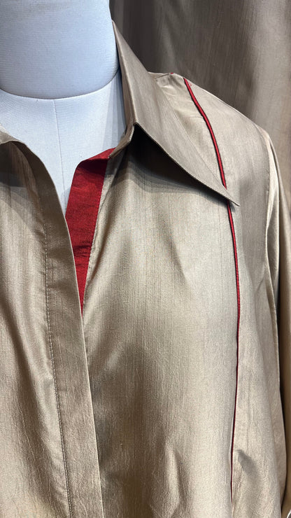Gold co-ord set with full sleeves shirt and pants. Armani Silk blend. Red piping details