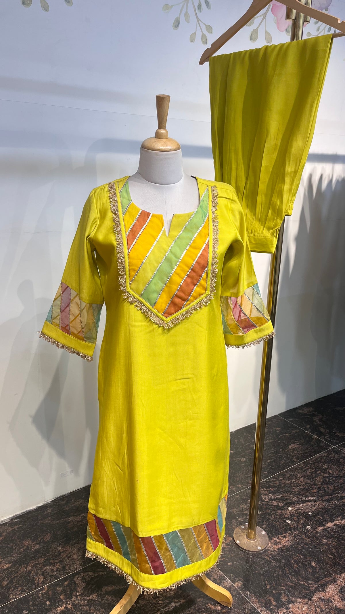 Lime Green Kurta Set With Afghani Salwar, Organza Gota Patti Detailing