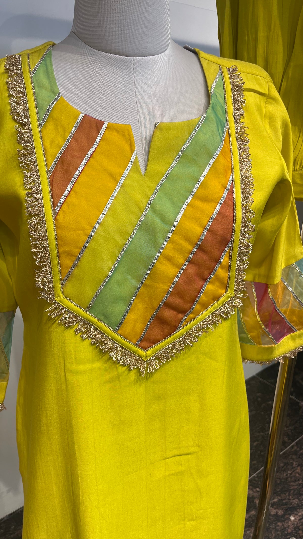 Lime Green Kurta Set With Afghani Salwar, Organza Gota Patti Detailing