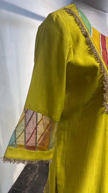 Lime Green Kurta Set With Afghani Salwar, Organza Gota Patti Detailing