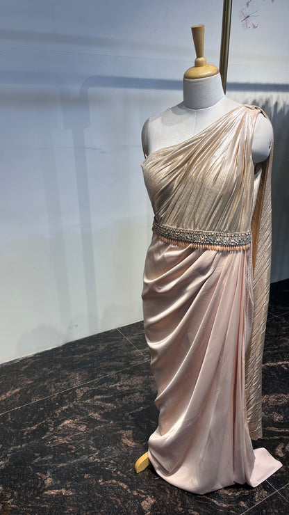 One Side Shoulder Drape Saree Gown with Fully Hand Work Embellished Belt