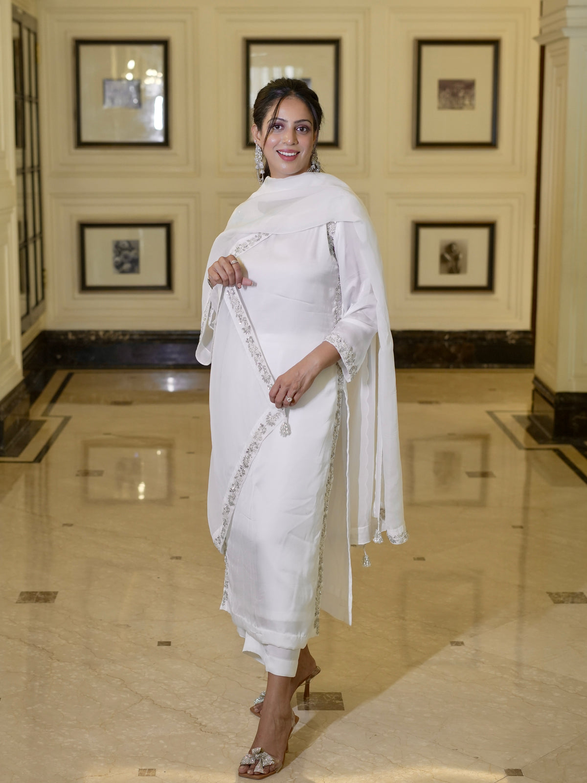 Moonlit White-Silver Pearl Handwork Kurta Set - Label Sakshi Nayyar