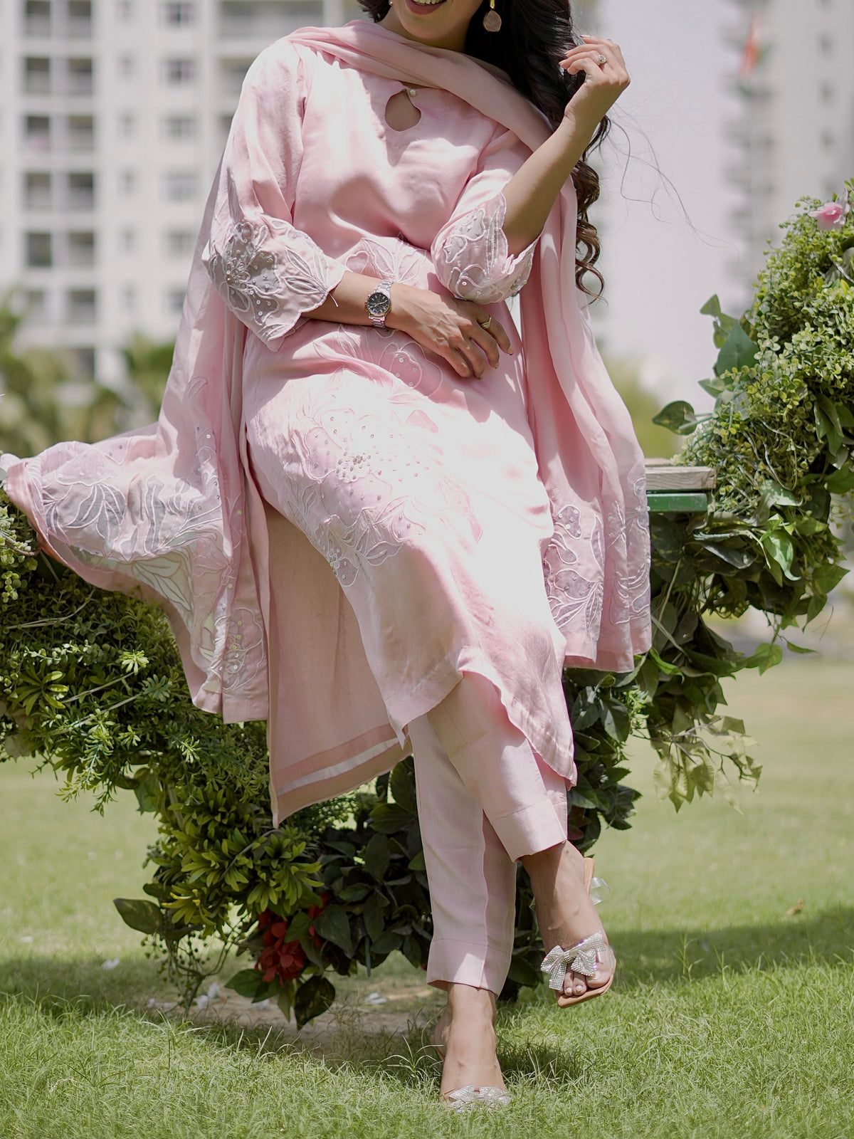 Chic Blush Pink Fusion Work With Leatherite Sequens Kurta Set - Label Sakshi Nayyar