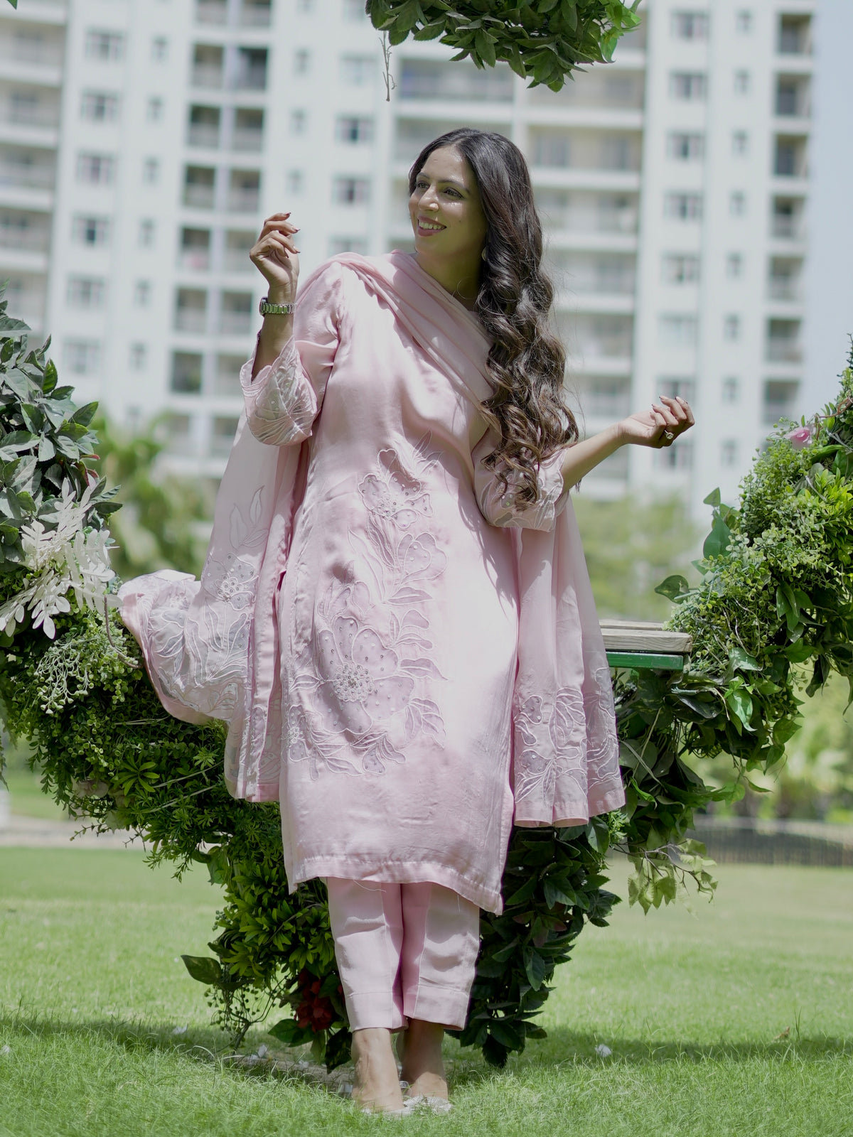 Chic Blush Pink Fusion Work With Leatherite Sequens Kurta Set - Label Sakshi Nayyar