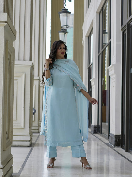 Heavenly Sky Pearl Kurta Set with Organza Dupatta