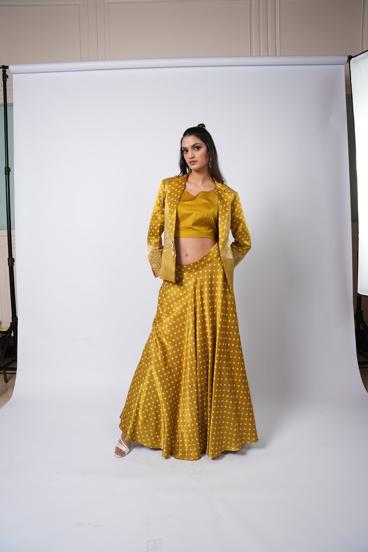 Majesty Bandhej Mustard Trio With Blazer & Skirt - Label Sakshi Nayyar