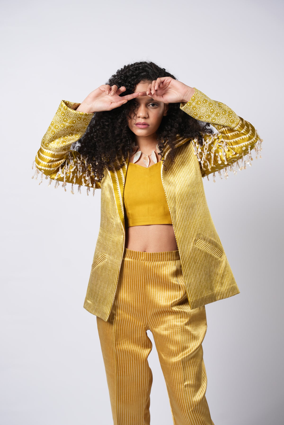 Bejwelled Regal Striped Blazer & Pant Indo-Western Set - Label Sakshi Nayyar