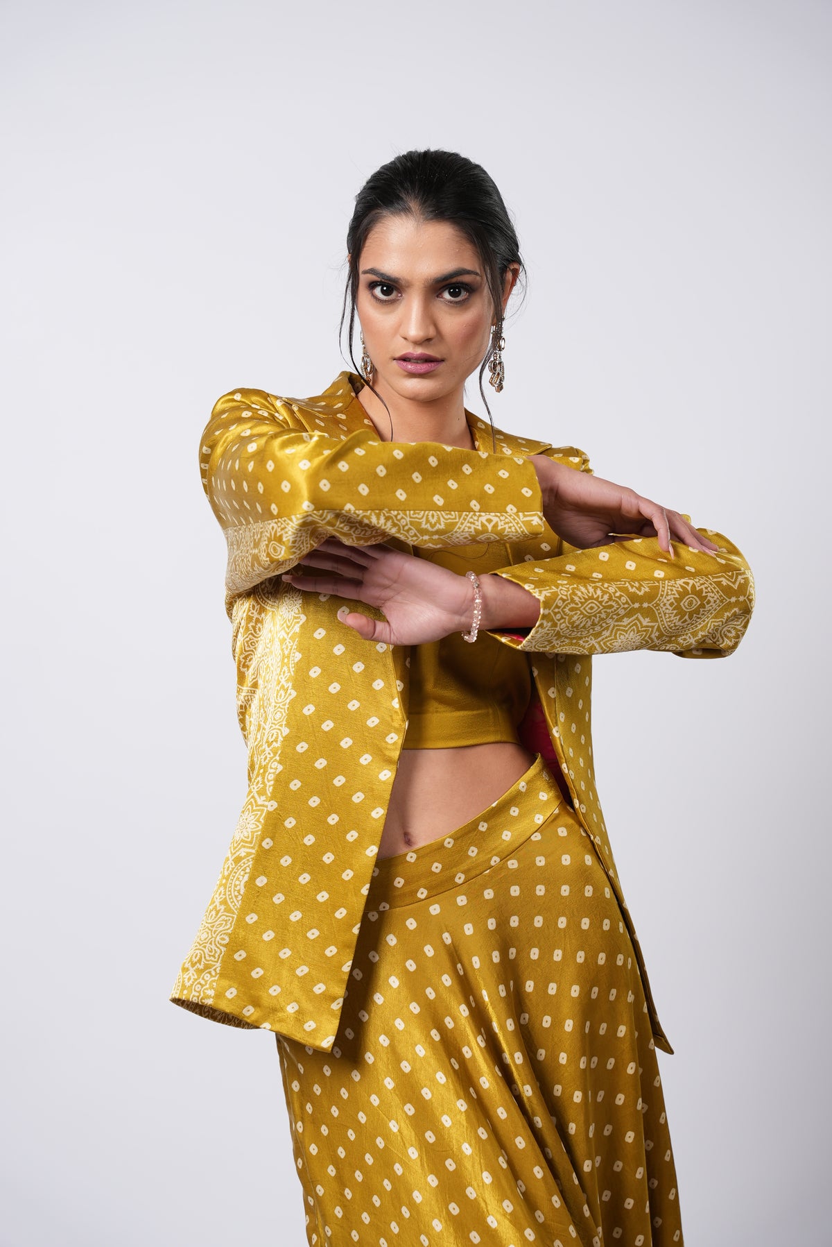 Majesty Bandhej Mustard Trio With Blazer & Skirt - Label Sakshi Nayyar