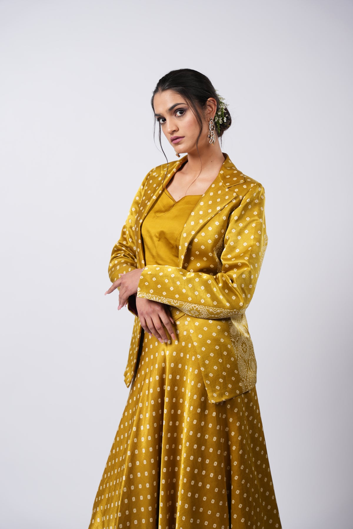 Majesty Bandhej Mustard Trio With Blazer & Skirt - Label Sakshi Nayyar