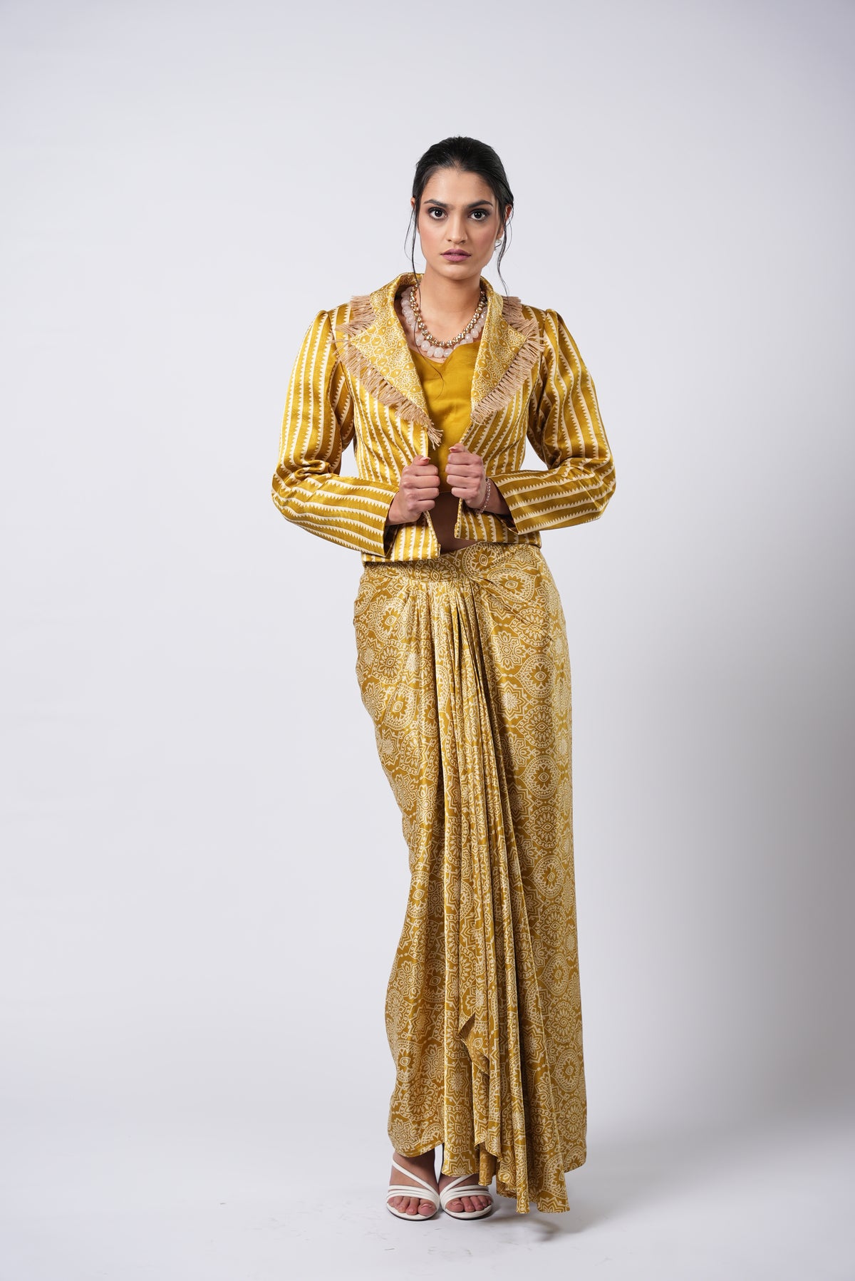 Bandhej Silk Mustard Dhoti Style Skirt Set With Cropped Jacket - Label Sakshi Nayyar