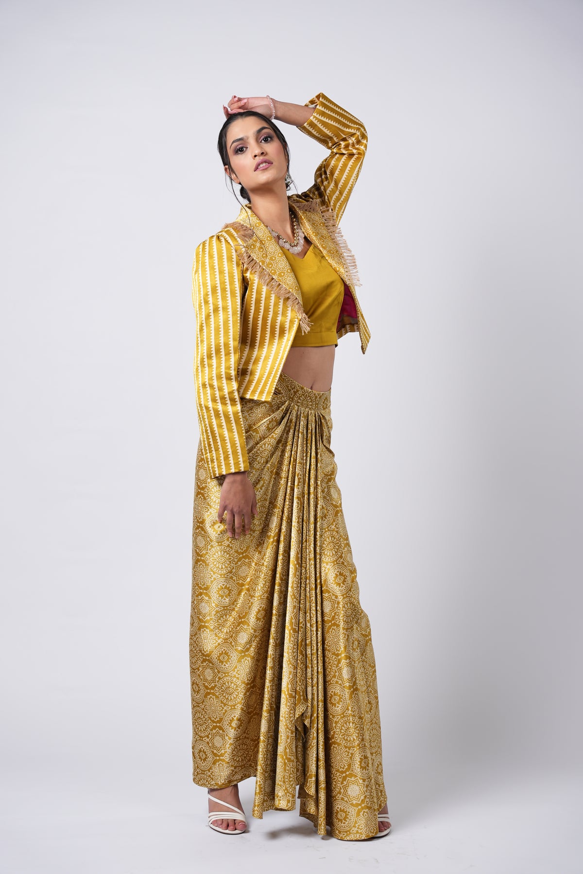 Bandhej Silk Mustard Dhoti Style Skirt Set With Cropped Jacket - Label Sakshi Nayyar