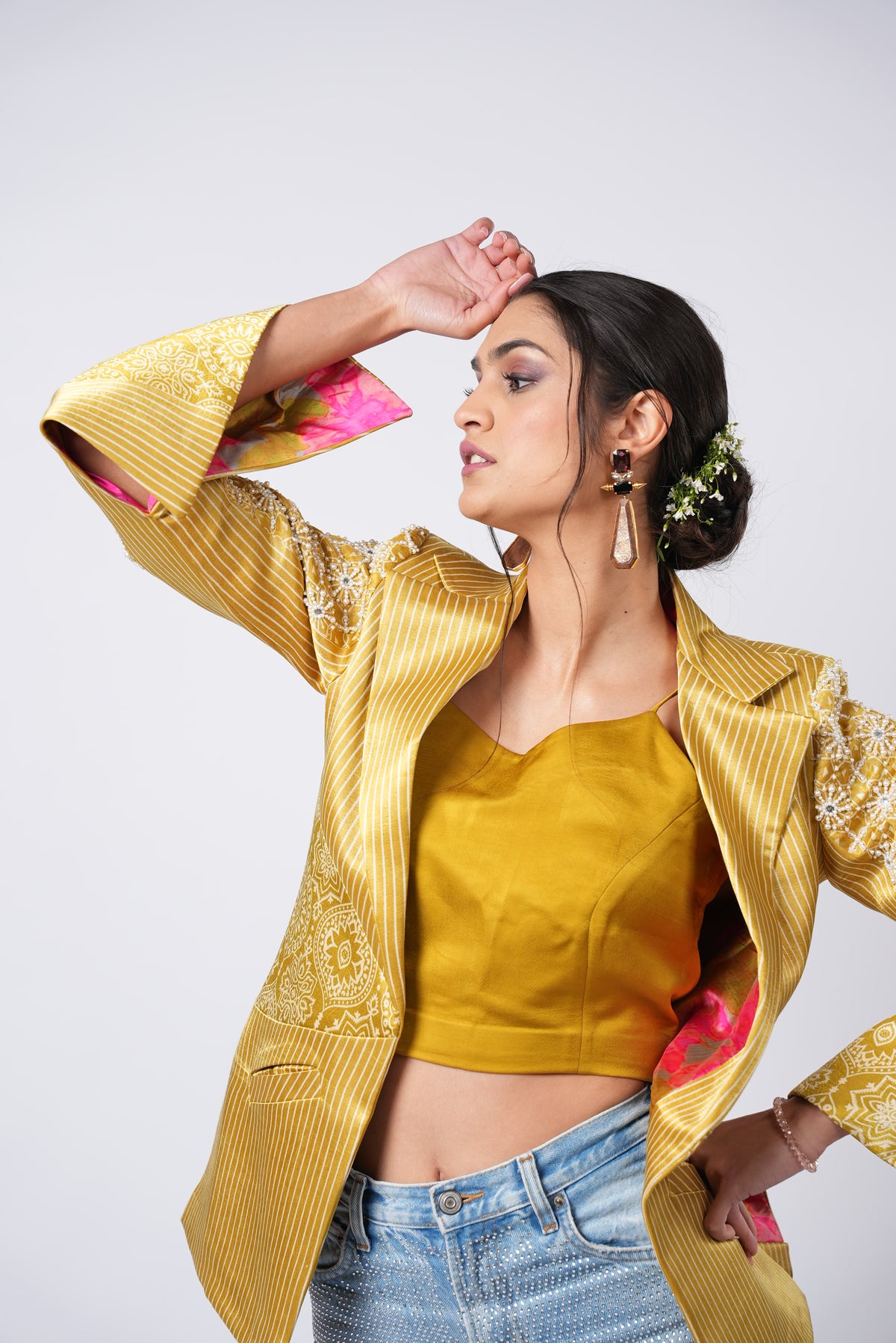 Bohemian Bandhej Mustard Two-Piece Ensemble - Label Sakshi Nayyar