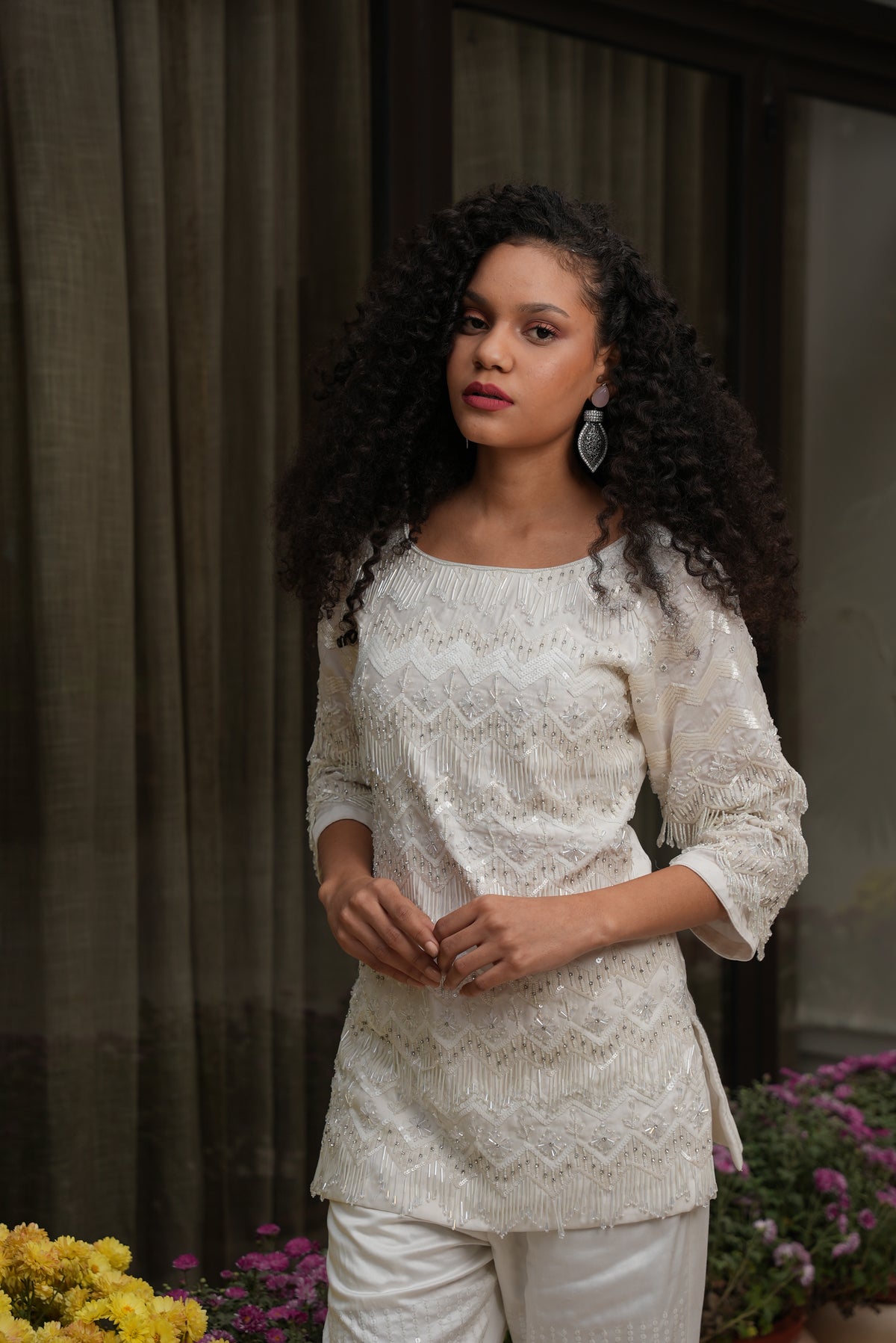 Crystal & Katdana Harmony White Indo-western Short Kurta & Pant Set - Label Sakshi Nayyar