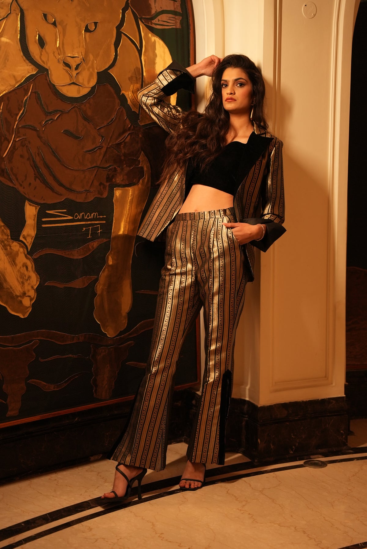 Gilded Striped Three-Piece Set with Blazer - Label Sakshi Nayyar