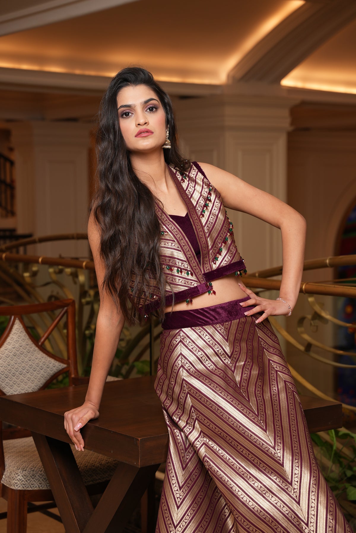 Maroon Brocade Handwork Crop jacket & Skirt Set - Label Sakshi Nayyar