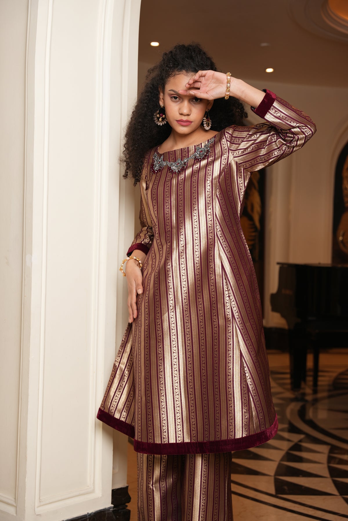 Burgandy & Golden Velvet Elegance Umbrella Kurta & Pant Set - Label Sakshi Nayyar