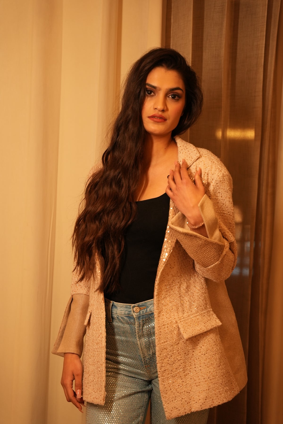 Chic Beige Pink Tweed Blazer With Sequens Detailing - Label Sakshi Nayyar