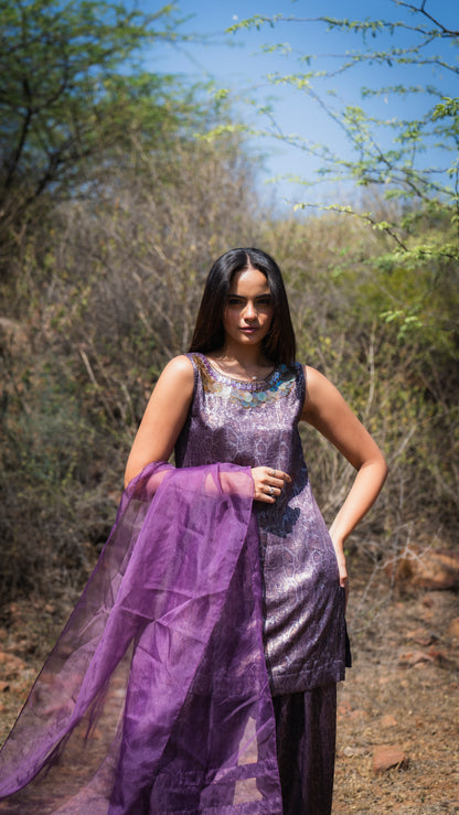 Detailed Purple Short Kurta with Farshi Salwar & Dupatta
