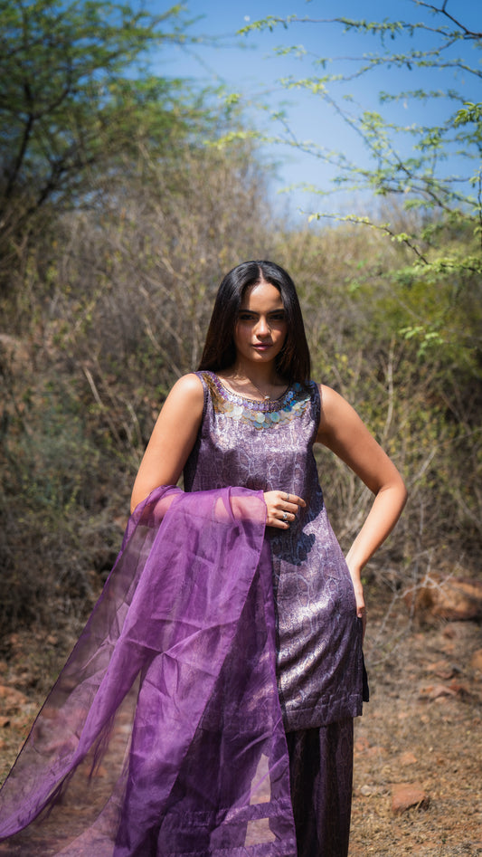 Detailed Purple Short Kurta with Farshi Salwar & Dupatta