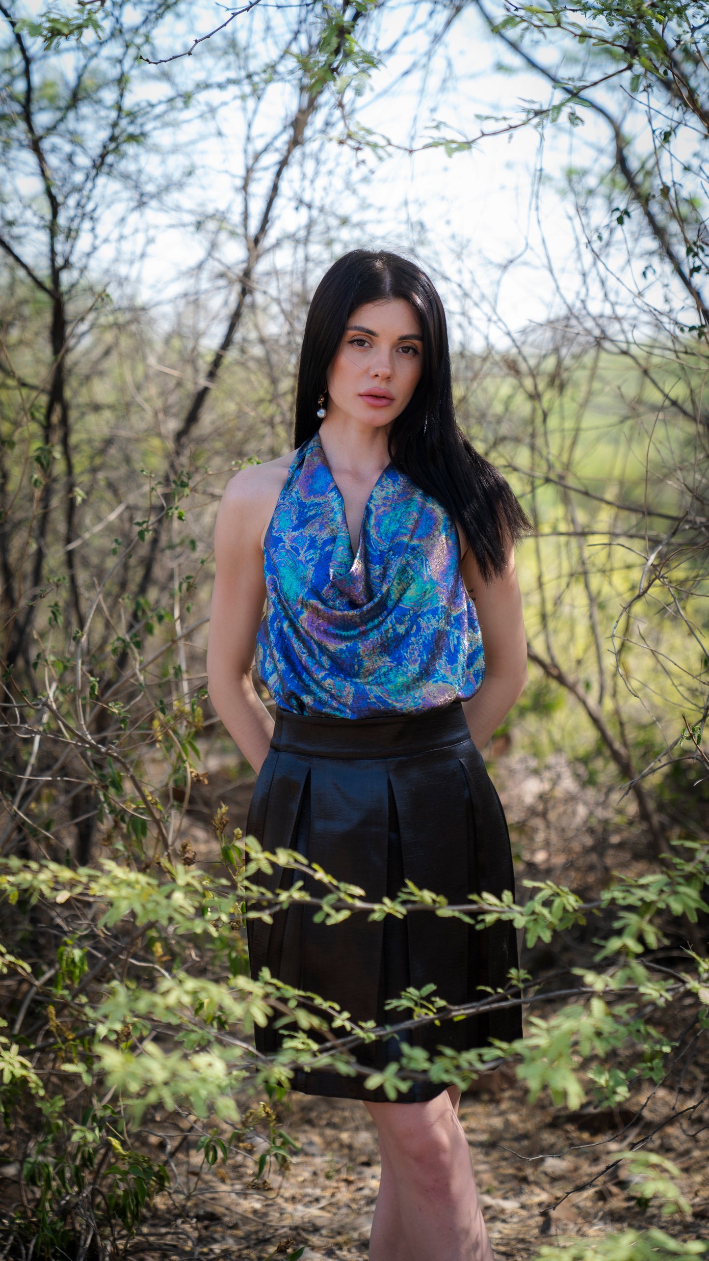 Holographic Pleated Skirt with Gathered Halter Top