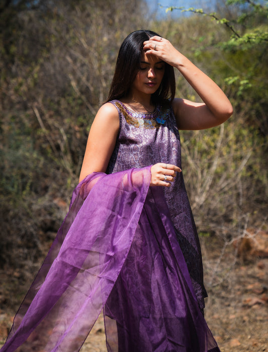 Detailed Purple Short Kurta with Farshi Salwar & Dupatta
