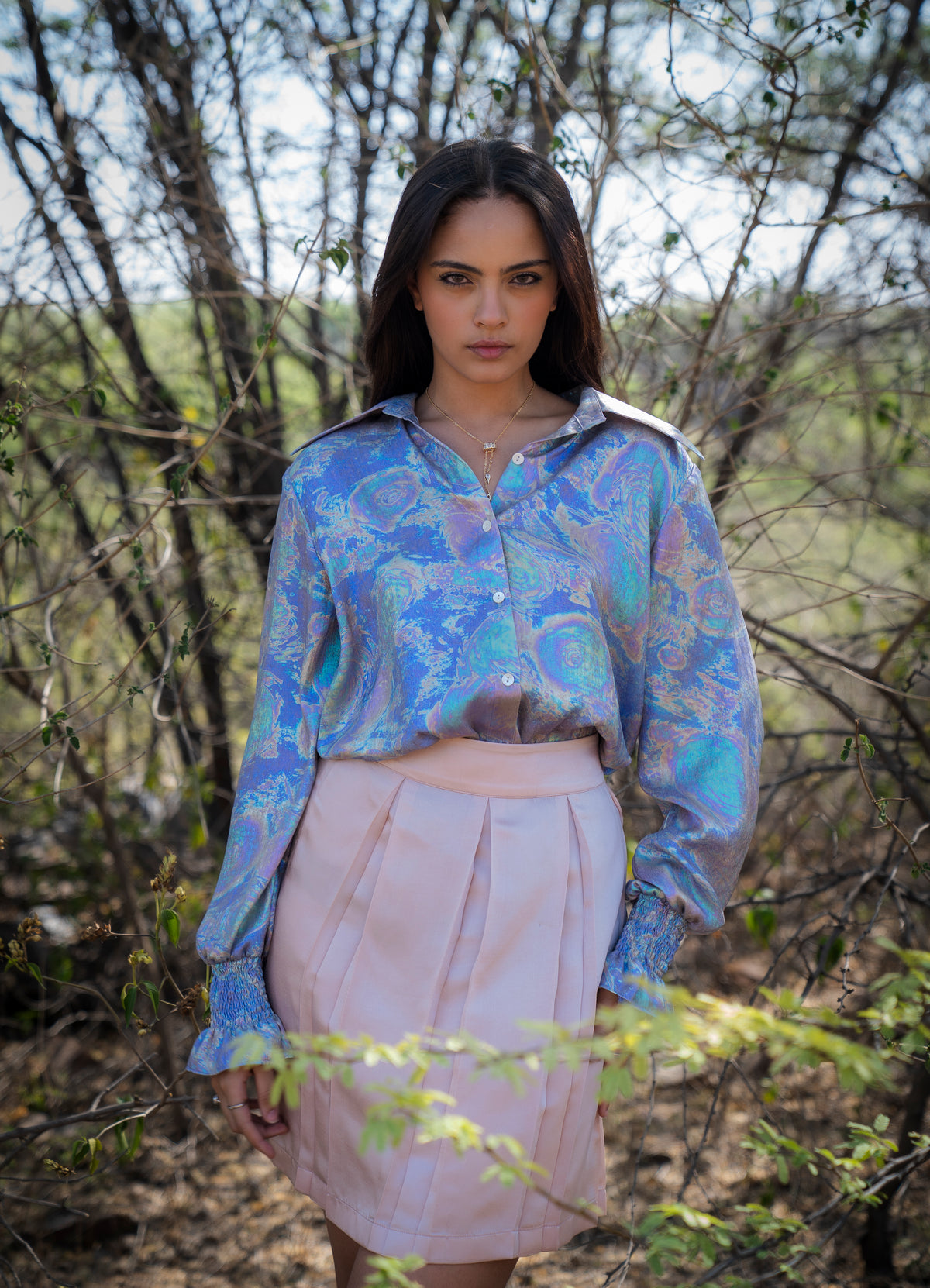 Holographic Full Sleeves Shirt with Detailed Cuffs & Pink Pleated Skirt - Label Sakshi Nayyar