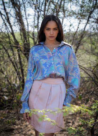Holographic Full Sleeves Shirt with Detailed Cuffs & Pink Pleated Skirt
