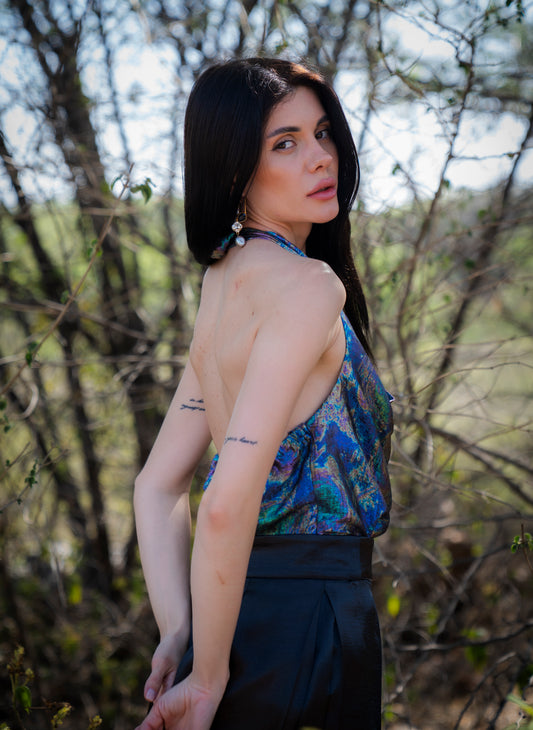 Holographic Pleated Skirt with Gathered Halter Top