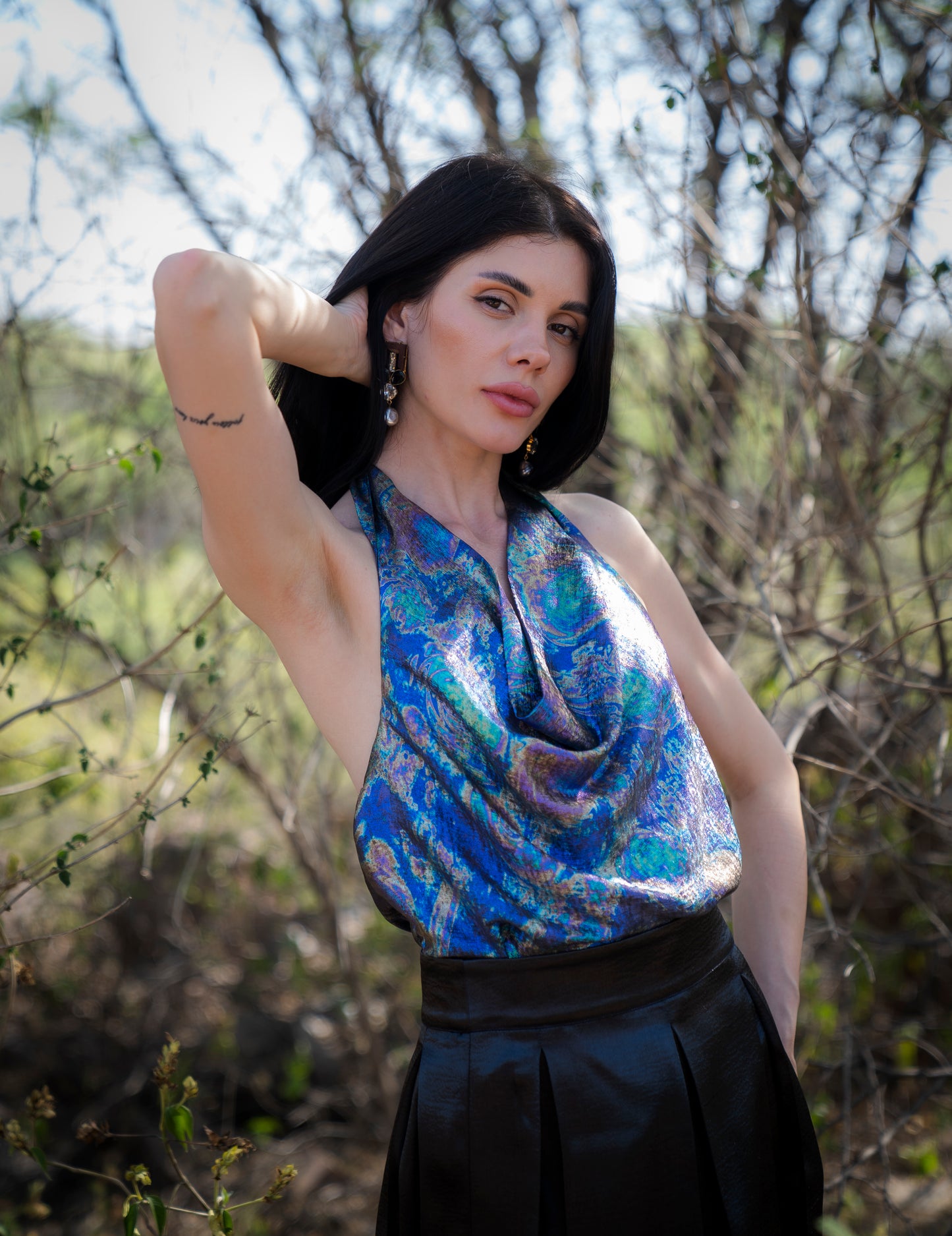 Holographic Pleated Skirt with Gathered Halter Top