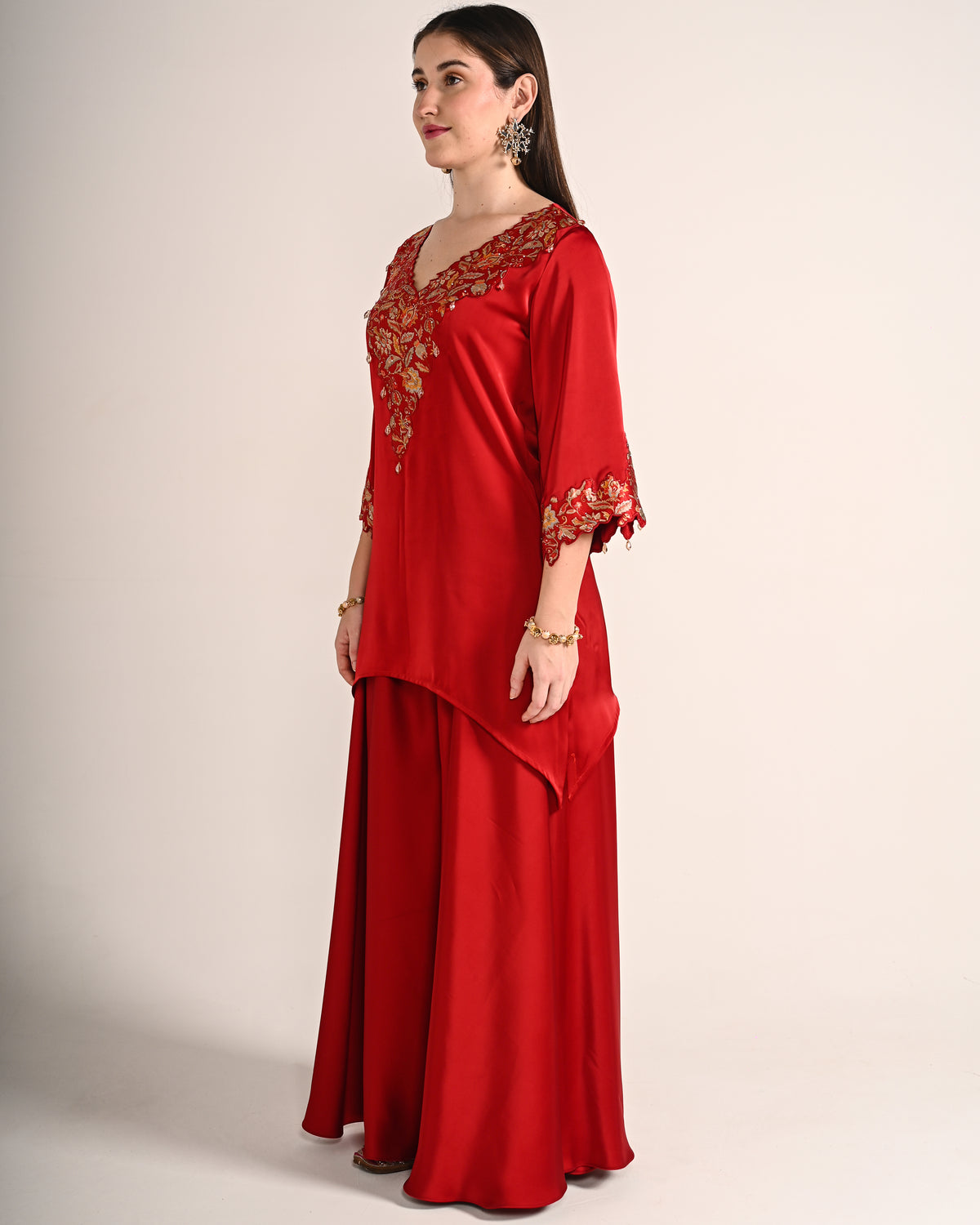 Crimson Red Dubai Satin A Line Set