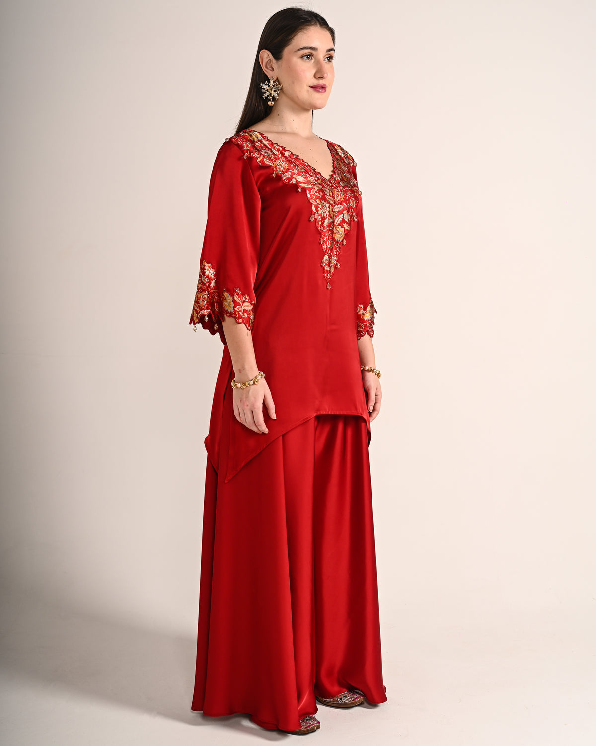 Crimson Red Dubai Satin A Line Set